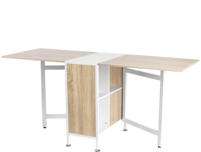 Sweiko Eettafel - Opvouwbare - met Opbergrek - Metalen frame - Naturel + Wit