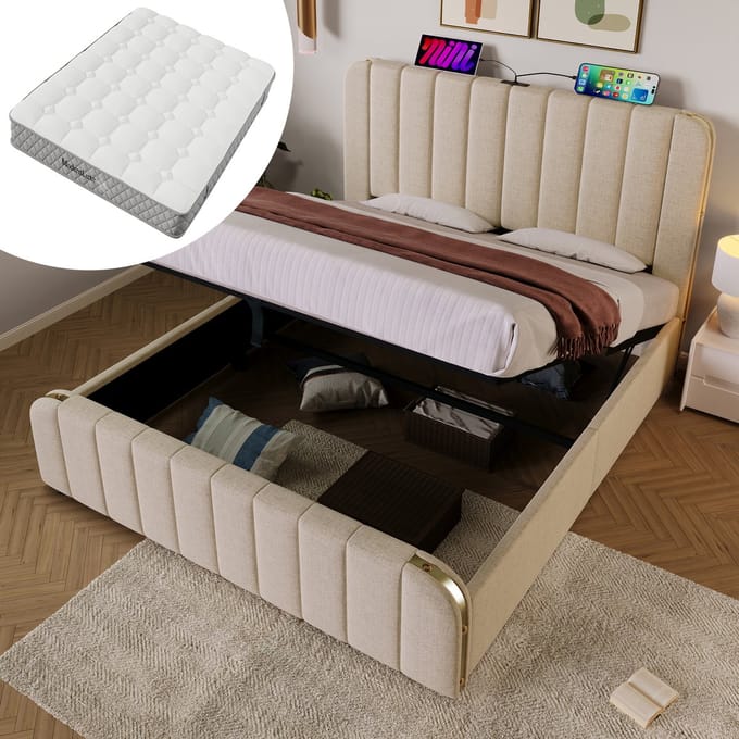 MODFU Gestoffeerd opbergbed – 140x200 cm – Met matras – USB-C – Beige linnen
