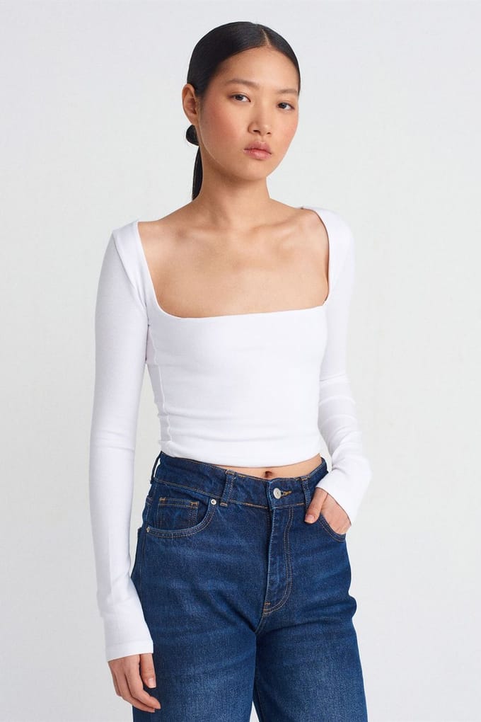 Dames Rechte Cropped Blouse met Vierkante Hals en Uitsparingen