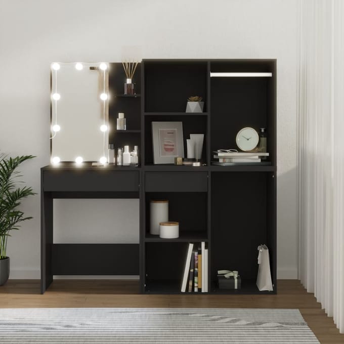 vidaXL - Kaptafel - met - kastjes - LED - bewerkt - hout - zwart