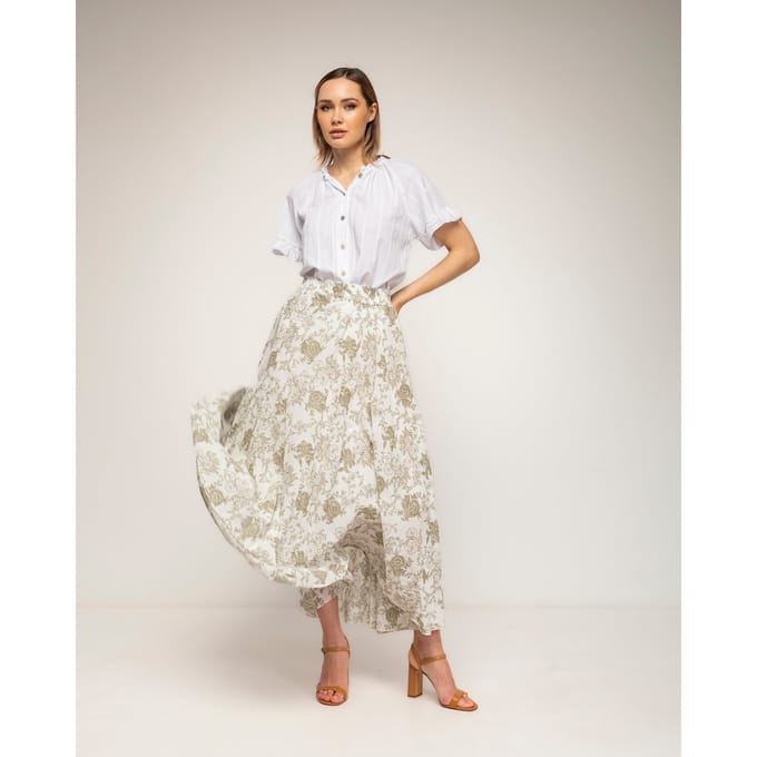 Lange uitlopende bloemenprint rok met elastische taille