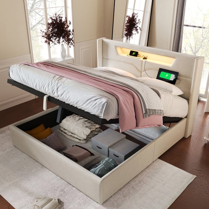 MODFU Bedframe 140x200 cm – Linnen met LED & V-lijn hoofdbord – Hydraulisch – Beige
