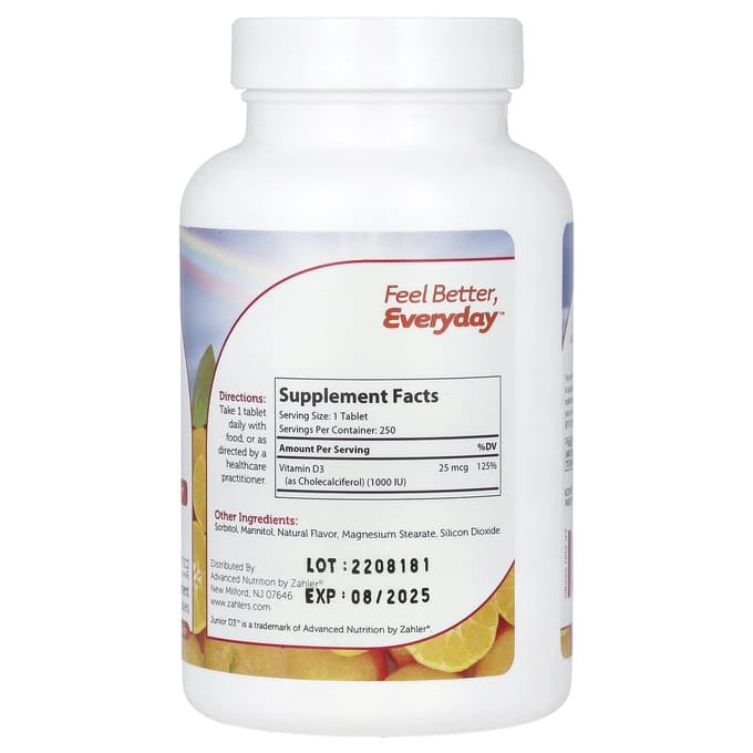 Zahler, Junior D3, Geavanceerde Vitamine D3 Formule, Sinaasappel, 25mcg (1.000IE), 250 kauwtabletten