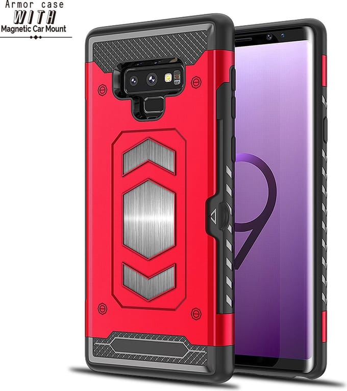 Ntech Geschikt voor Samsung Galaxy Note 9 Luxe Armor Case met Pashouder - Rood