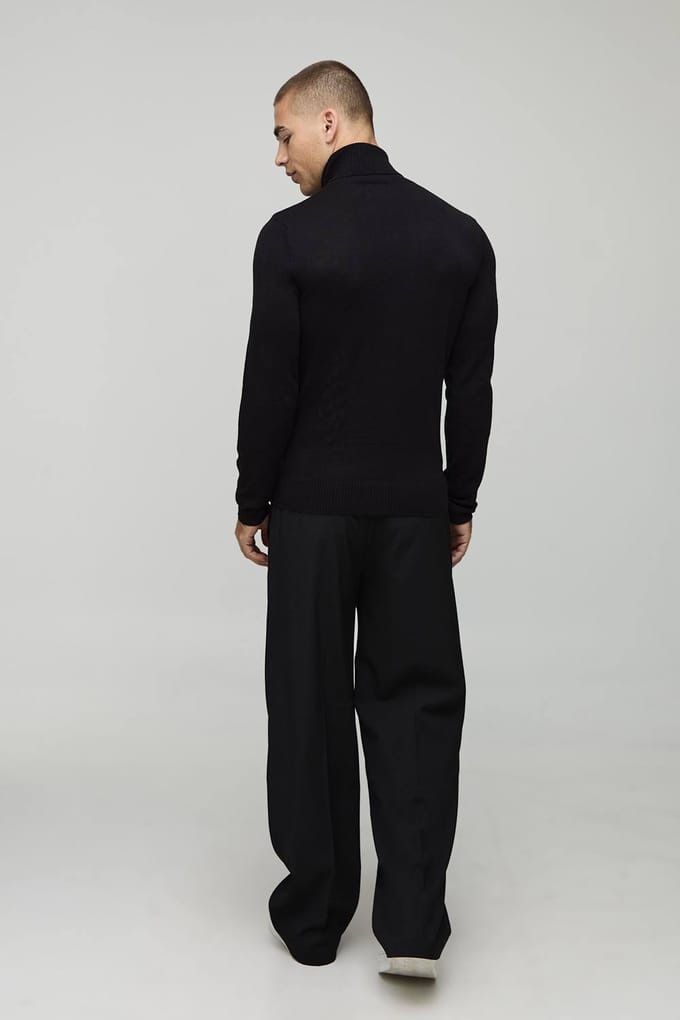 Essential Muscle Fit Roll Neck Knitted Jumper | Black | Size Medium