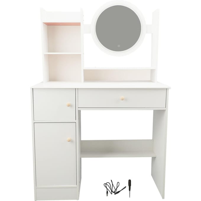 Kaptafel met Spiegel en Verlichting Multifunctioneel Moderne Verlichte Spiegel Make-up Kaptafel met 2 white