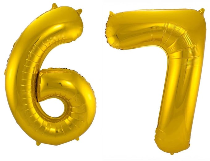 Folieballon 67 jaar - Goud - 86 cm