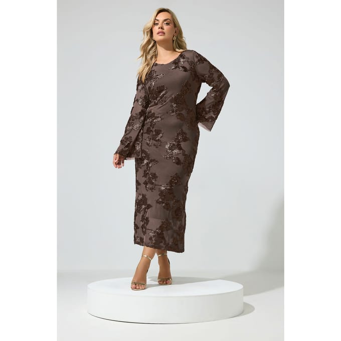 Yours London Chocoladebruine Maxijurk Met Bloemenapplicatie Size 52