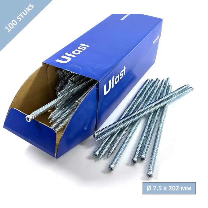 UFAST kozijnschroef Ø 7.5 x 202 mm - Cilinderkop - Verzinkt - Torx - 100 stuks