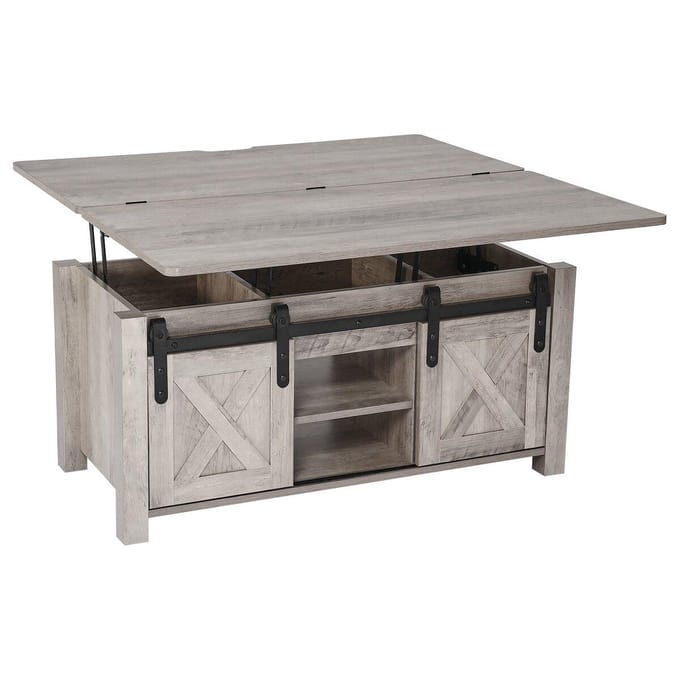 1000 mm Boerderij Lift Top Salontafel, Rustieke Centrale Tafel met Schuurdeur en Verborgen Opbergvak, Moderne Rechthoekige Hefbare Tafelblad voor