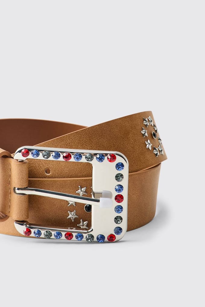 Star Studded & Gemstone Buckle PU Belt | Brown | Size Small