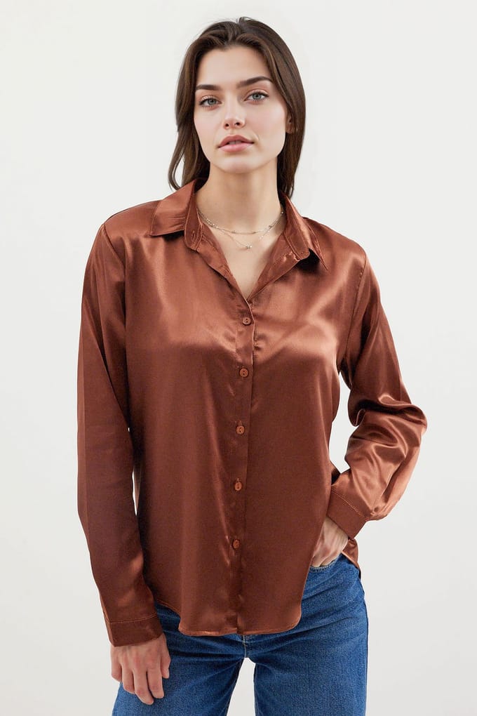 Satin Lange Mouw Knopshirt
