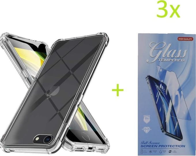 Backcover Geschikt voor: iPhone 7 Plus / 8 Plus - Anti Shock Silicone Bumper - Transparant + 3X Tempered Glass Screenprotector