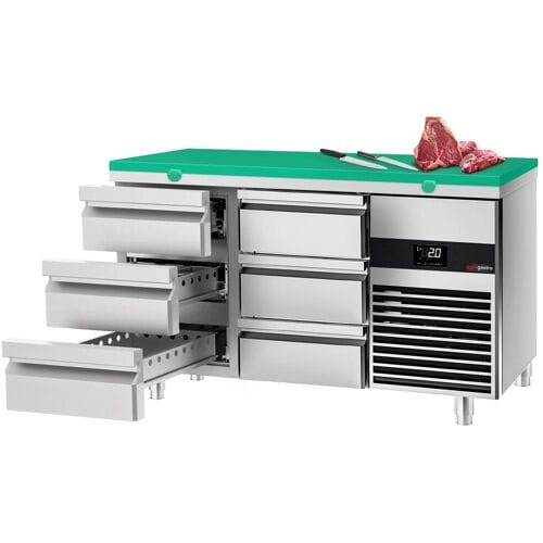 GGM Gastro Kühltisch PREMIUM - 1400x700mm - mit 6 Schubladen - inkl. Schneideplatte Grün