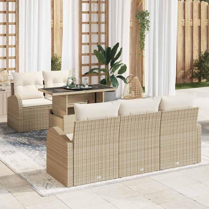 vidaXL Tuinbank Set met kussen met kussen 6 pcs Beige Poly Riet