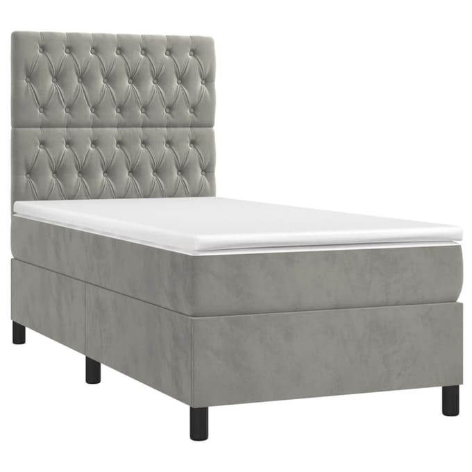 vidaXL - Boxspring - met - matras - en - LED - fluweel - lichtgrijs - 90x200 - cm