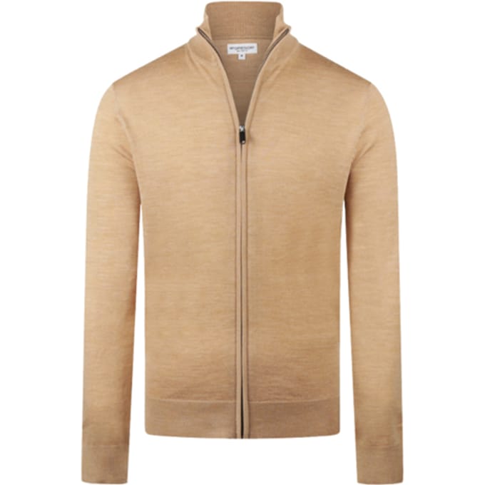 McGregor Fine Merino Zip Thru Cardigan - 100% Extra Fine Merinowol - Heren - Camel - Maat S