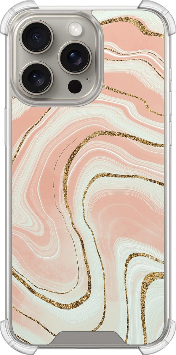Shockproof hoesje - Geschikt voor iPhone 15 Pro Max - Marmer twist - Extra sterke case - TPU/polycarbonaat - Marmer - Beige, Transparant
