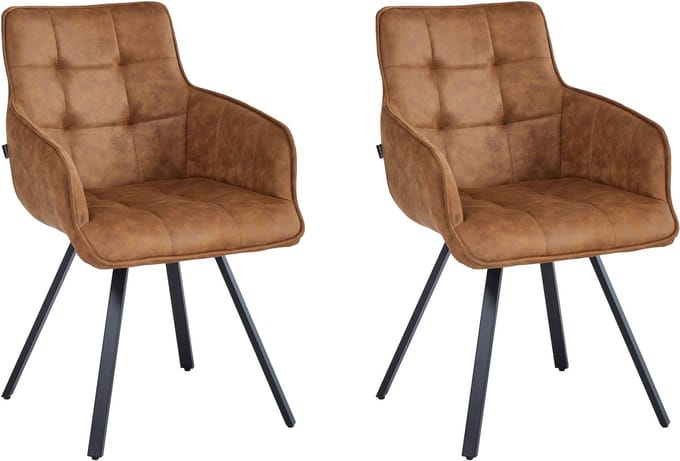 Colenis® - Taha Eetkamerstoel - Set Van 2 - Cognac - Microfiber Stof - Met armleuning - Draaistoel - 180°