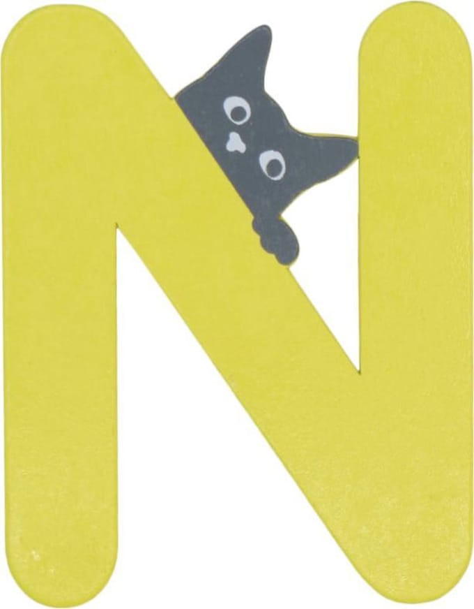 Houten Letter N Geel met Kat | 9 cm