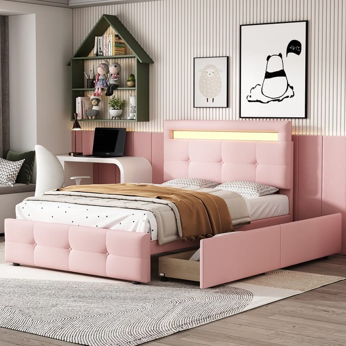 KOMHTOM kinderbed Eenpersoonsbed 90x200 cm Bed met laden Gestoffeerd bed met LED verlichting 2 laden roze