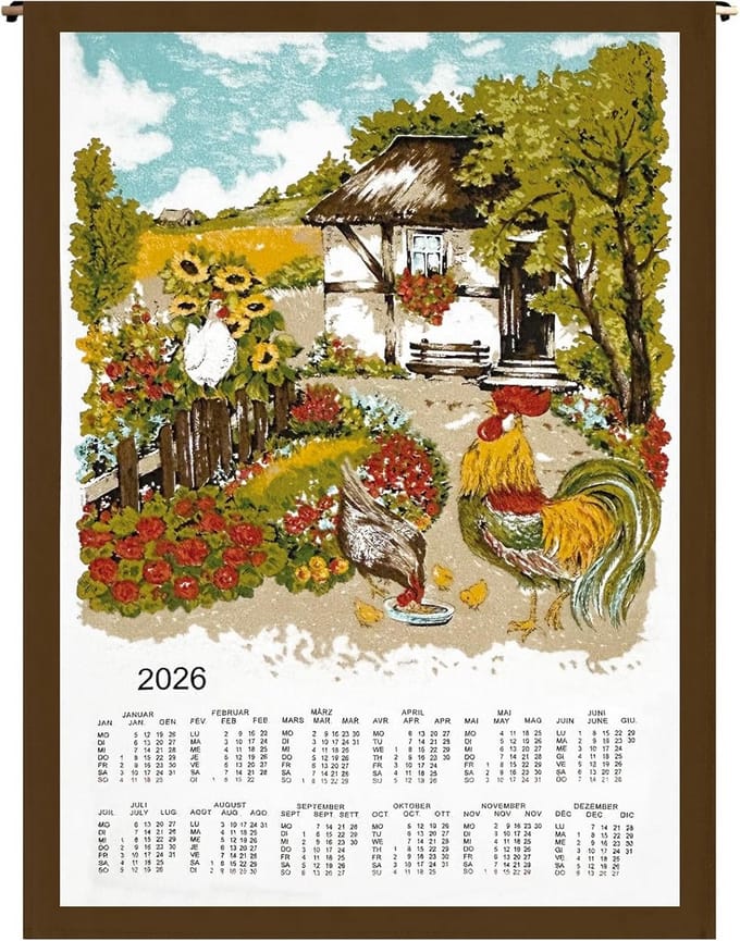 Stoffen Kalender 2026 met Kippenontwerp - Duurzame Muurkalender 45x65 cm