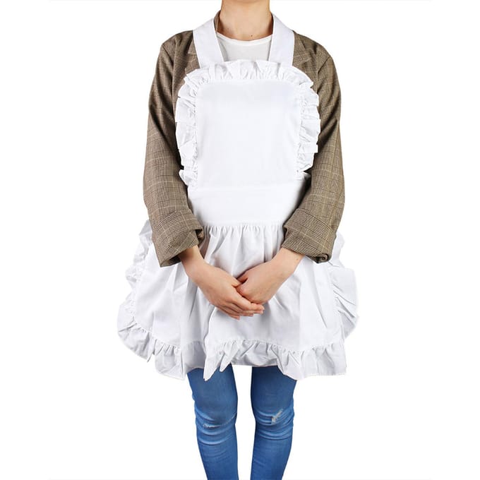 Witte Katoenen Dames Meid Schort Ruche Zoom Keuken Effen Kleur Schort white