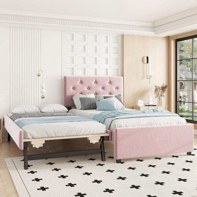 Sweiko Gestoffeerd bed 90x200 cm, met onderschuifbed, fluweel, zonder matras, roze
