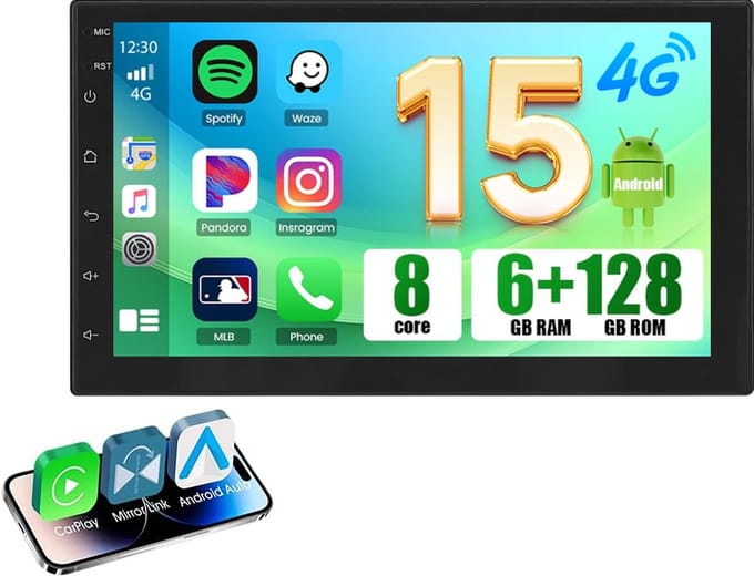 ESSGOO Autoradio 2Din Universeel - Android 15 - Apple Carplay & Android Auto (Draadloos) - 6+128GB - 7 Inch HD Touchscreen - GPS, FM/AM, 4G WIFI