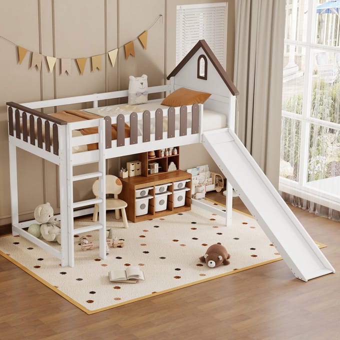 Sweiko Hoogslaper - 90x200cm - met Glijbaan - Den + MDF - Wit + Notelaar