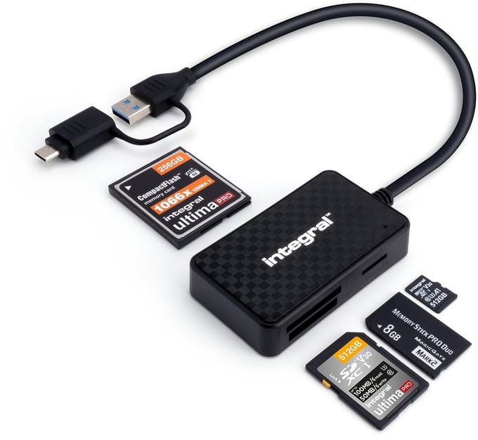 Integral 4-in-1 Multi Card Reader - USB 3.2 Gen 1 | USB-A met USB-C adapter | SD / microSD / CompactFlash / Memory Stick