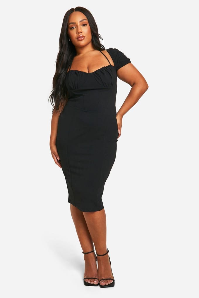 boohoo Dames Plus Pofmouw Midi Jurk | Zwart | Maat: 56