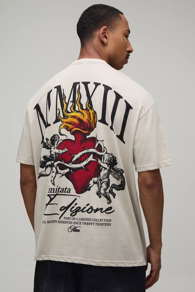Steenkleurig Oversized T-shirt Met Tattoo Renaissance Print | Stone | Size Small