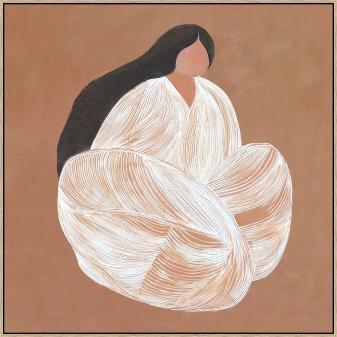 Schilderij 70x70 vrouw kleermakerszit