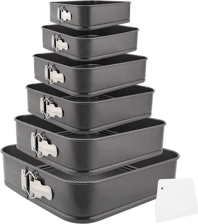 Set van 6 Bakvormen, Vierkante Bakvorm met Trapezium Cake Schraper, Ideaal voor Taarten en Desserts