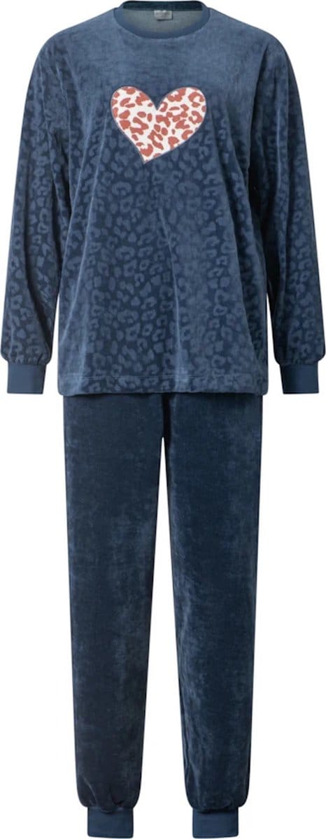 Lunatex - warme dames pyjama velours 124209 - navy/bruin - maat M