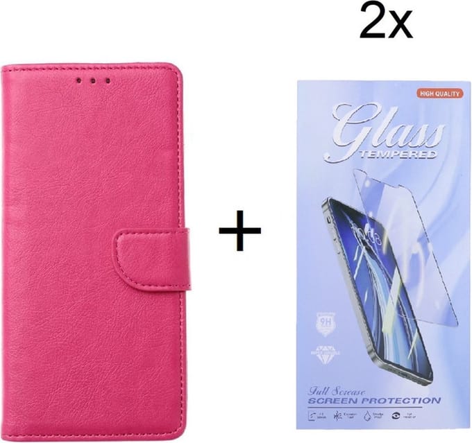 Bookcase Geschikt voor: iPhone 13 Pro - Roze - portemonee hoesje met 2 stuk Glas Screen protector
