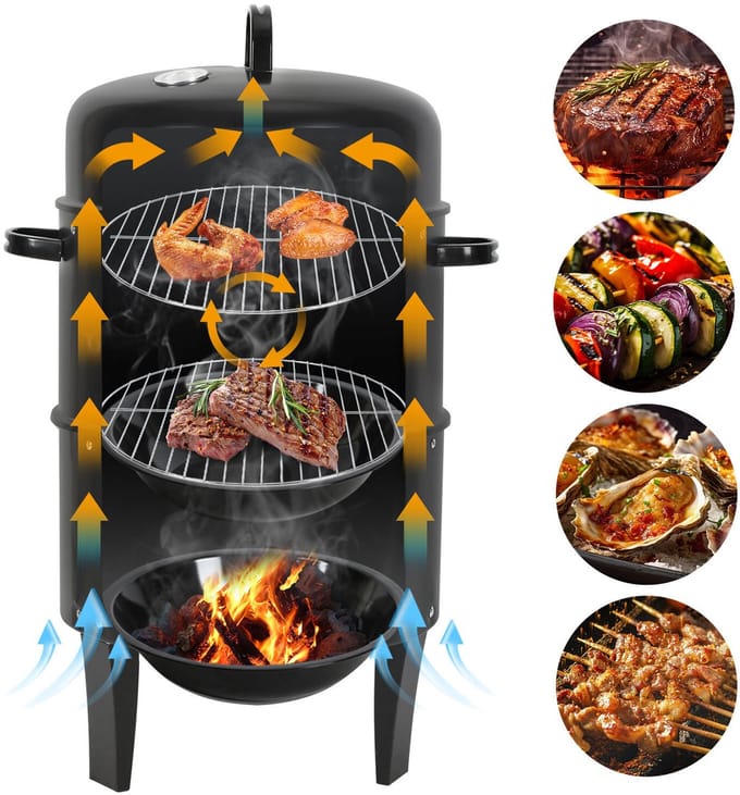 Houtskool Rookbarbecue 80 cm – Verticale BBQ met Dubbele Deur, Thermometer en Ventilatie