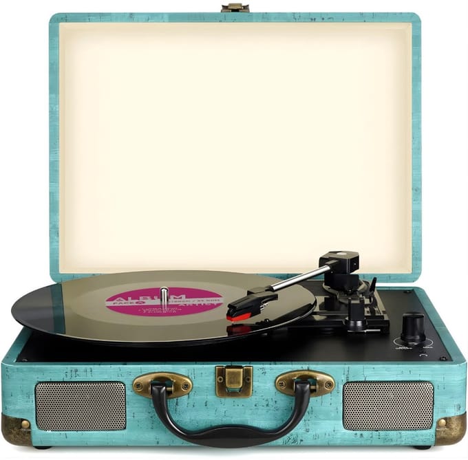 KAD® Platenspeler - Draagbare Koffer Platenspeler - Ingebouwde Stereo Luidsprekers - Blauw - ‎36cm x 26cm x 116cm