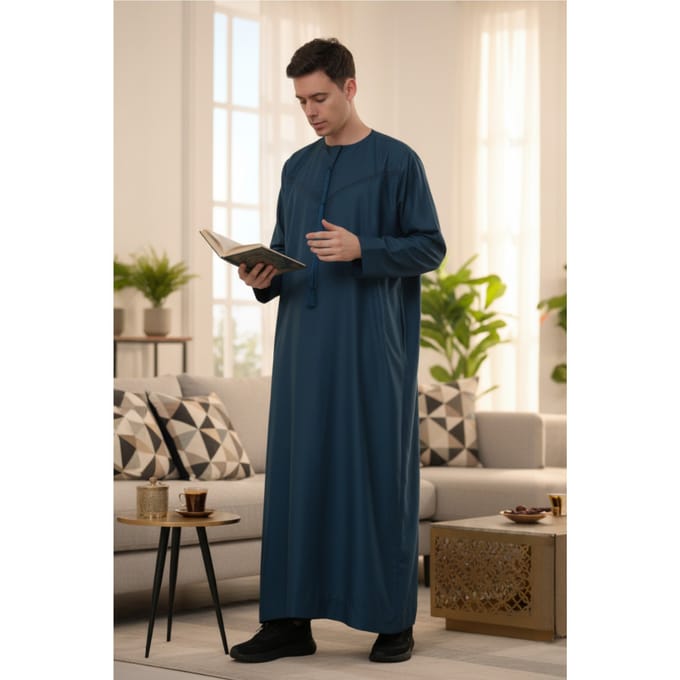 Heren blauwe Ramadan Eid Marokkaanse Jubba Robe Kaftan Djellaba Thobe LFS-TT-008