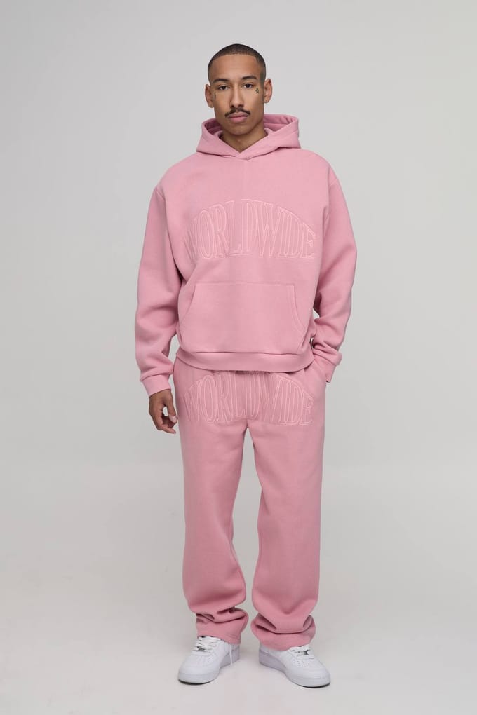 Oversized Boxy Worldwide Applique Jogger Tracksuit | Pink | Size Medium