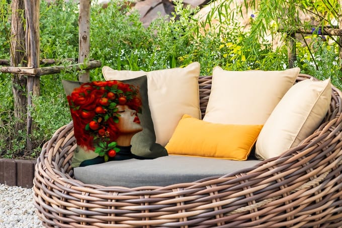 Tuinkussen - Vrouw - Appels - Rood - Bladeren - 40x40 cm - Weerbestendig
