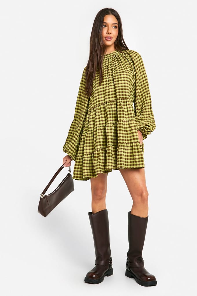 boohoo Dames Textured Check Smock Dress | Green | Maat: 8