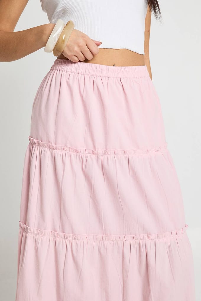 boohoo Dames Gelaagde Katoenen Popeline Maxi Rok | Roze | Maat: 36