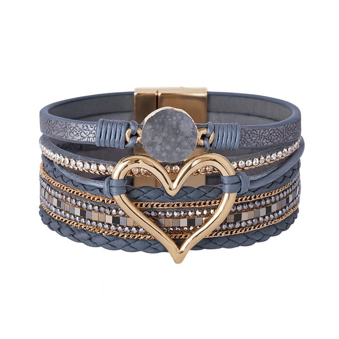 Leigrijs Wikkel armband voor dames met Goudkleurig Hart & Strass – Luxe Boho Design met Magneetsluiting