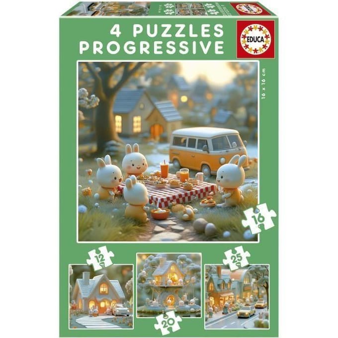 Puzzles progressifs - EDUCA - La Ville des Lapins - 4 puzzles - 12 a 25 pieces - Pour enfants