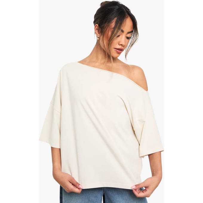 boohoo Dames Off-shoulder oversized T-Shirt | Steen | Maat: 40