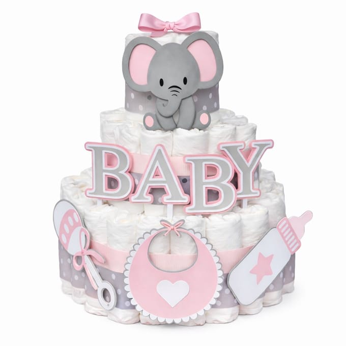 Luier­taart Baby Olifant – Roze & Grijs