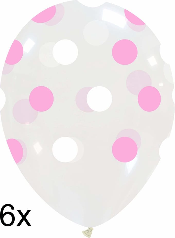 Transp. met wit+roze Polka dots ballonnen, 6 stuks, 30cm