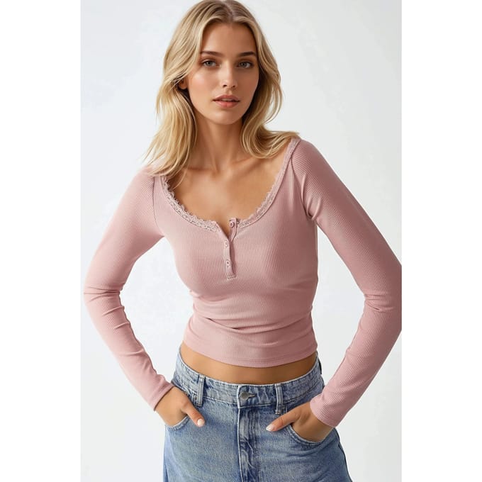 Slim Fit Kanten Detail Lange Mouwen Top